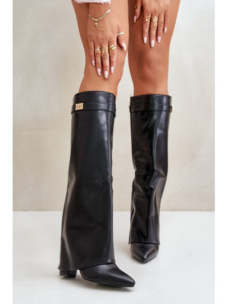 Women's Eco Leather Boots With Rolled Shaft On Heel Black Avamora