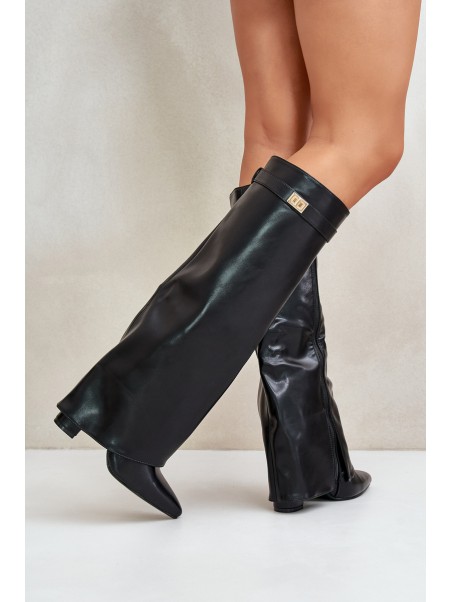 Women's Eco Leather Boots With Rolled Shaft On Heel Black Avamora