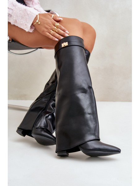 Women's Eco Leather Boots With Rolled Shaft On Heel Black Avamora
