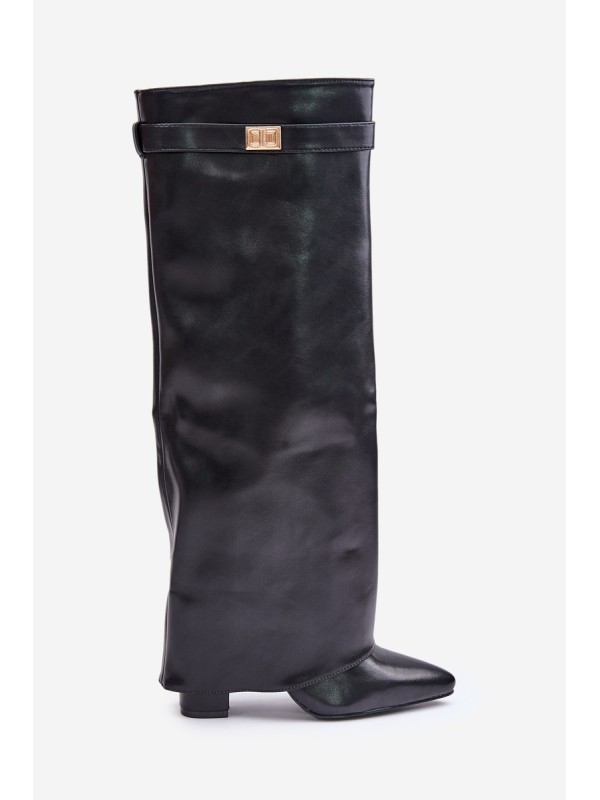 Women's Eco Leather Boots With Rolled Shaft On Heel Black Avamora