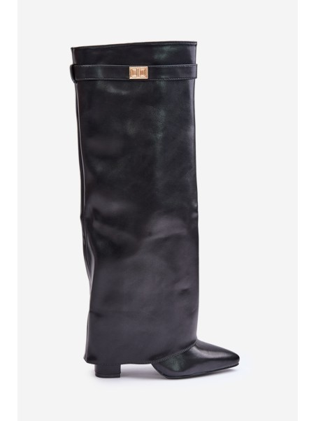 Women's Eco Leather Boots With Rolled Shaft On Heel Black Avamora