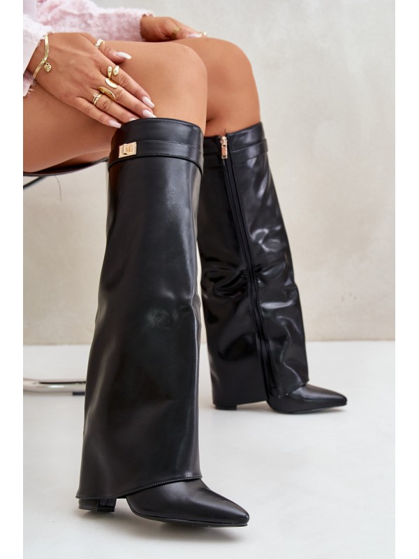 Women's Eco Leather Boots With Rolled Shaft On Heel Black Avamora