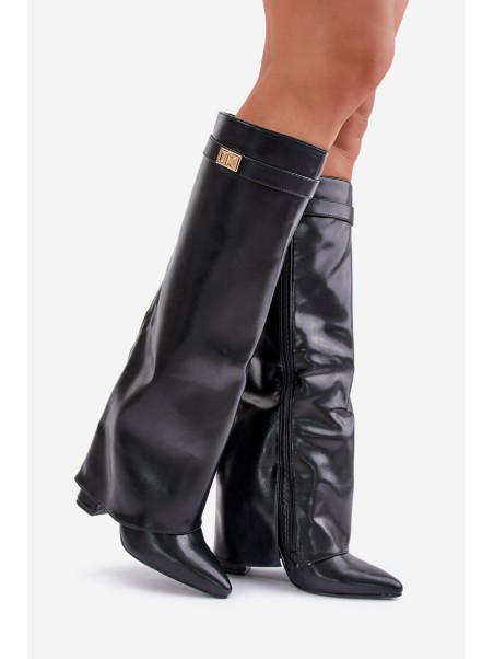 Women's Eco Leather Boots With Rolled Shaft On Heel Black Avamora
