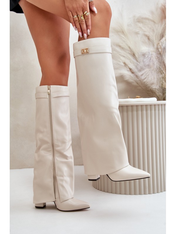 Women's Eco Leather Boots With Rolled Shaft On Heel Light Beige Avamora 2