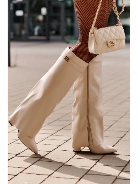 Women's Eco Leather Boots With Rolled Shaft On Heel Light Beige Avamora