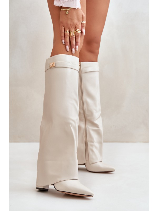 Women's Eco Leather Boots With Rolled Shaft On Heel Light Beige Avamora