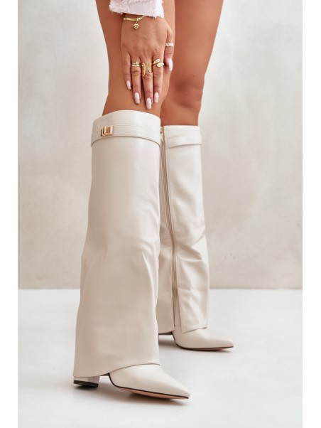 Women's Eco Leather Boots With Rolled Shaft On Heel Light Beige Avamora
