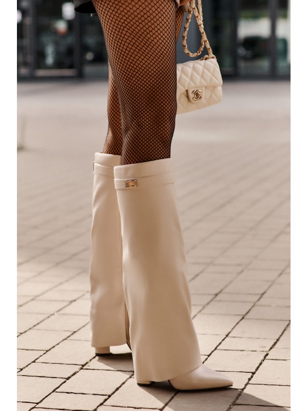 Women's Eco Leather Boots With Rolled Shaft On Heel Light Beige Avamora
