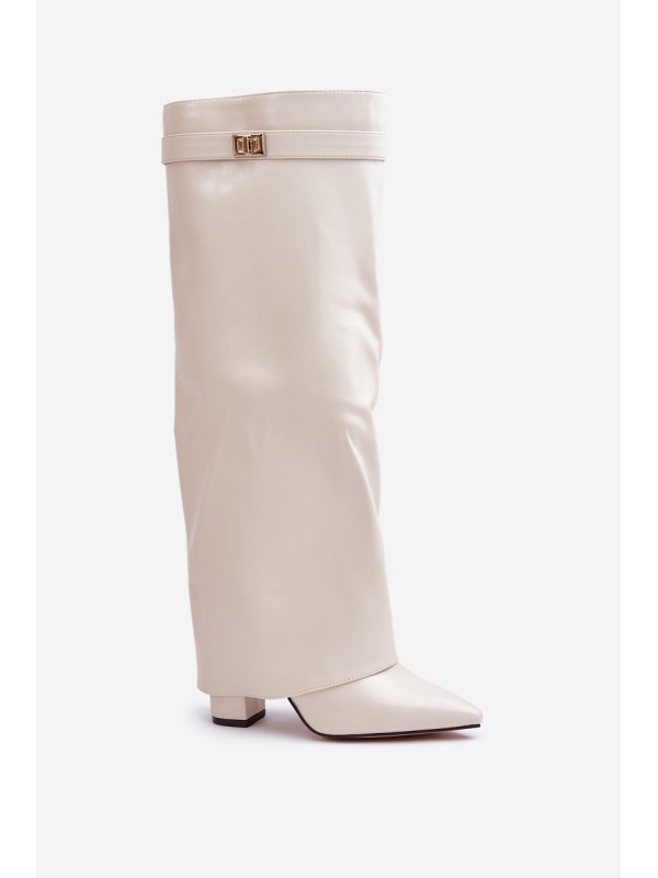 Women's Eco Leather Boots With Rolled Shaft On Heel Light Beige Avamora