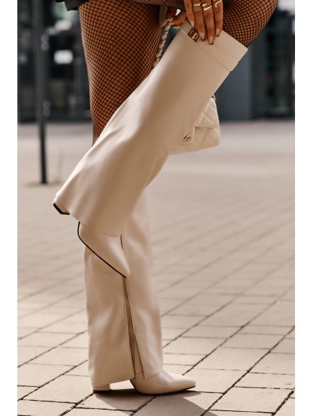Women's Eco Leather Boots With Rolled Shaft On Heel Light Beige Avamora