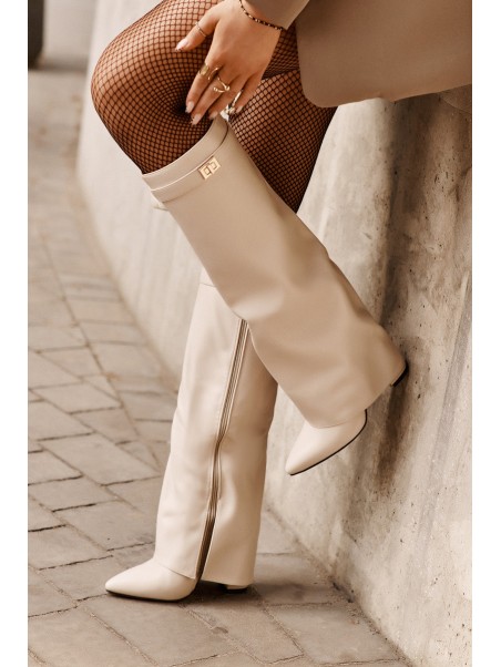 Women's Eco Leather Boots With Rolled Shaft On Heel Light Beige Avamora