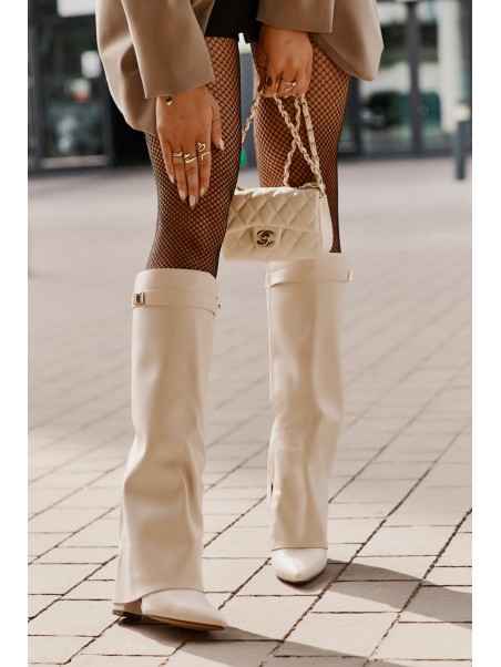 Women's Eco Leather Boots With Rolled Shaft On Heel Light Beige Avamora