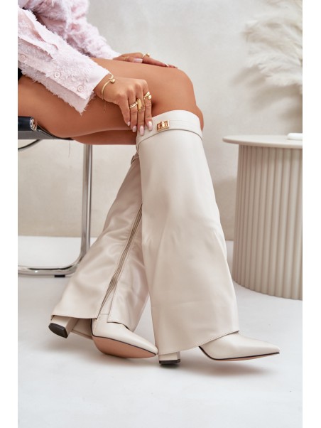Women's Eco Leather Boots With Rolled Shaft On Heel Light Beige Avamora