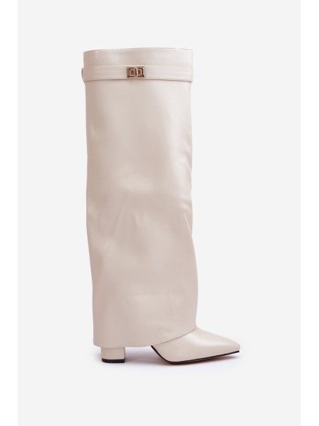 Women's Eco Leather Boots With Rolled Shaft On Heel Light Beige Avamora