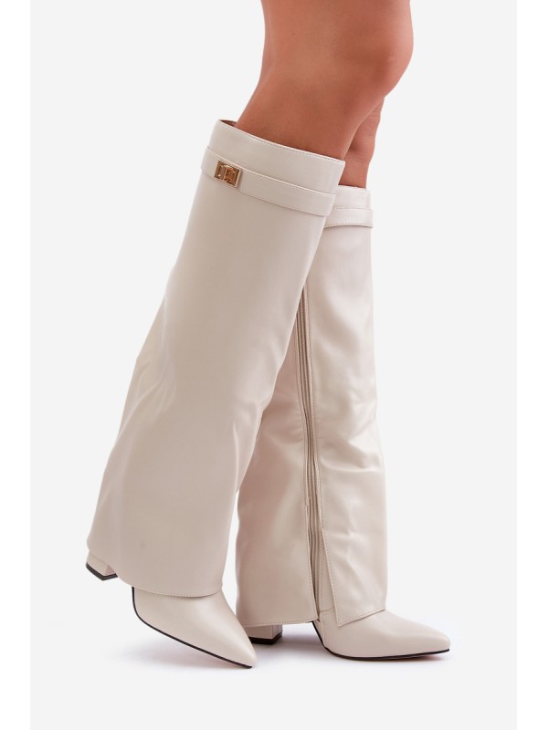 Women's Eco Leather Boots With Rolled Shaft On Heel Light Beige Avamora