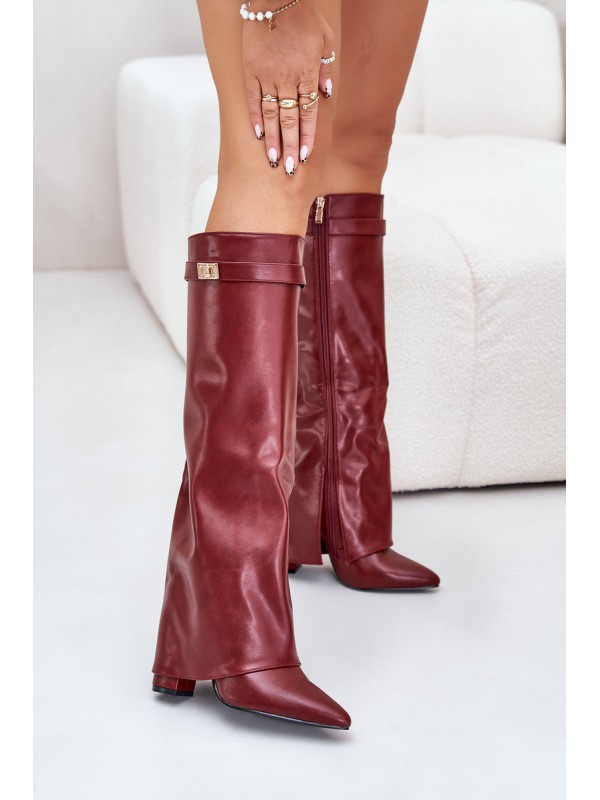 Women's Eco Leather Boots With Turned Shaft On Heel Burgundy Avamora