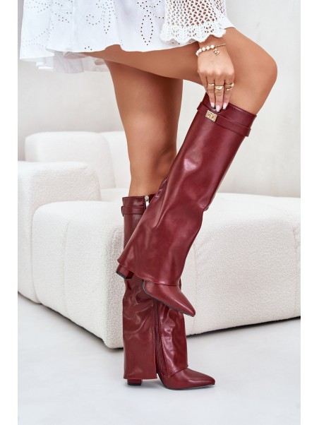 Women's Eco Leather Boots With Turned Shaft On Heel Burgundy Avamora