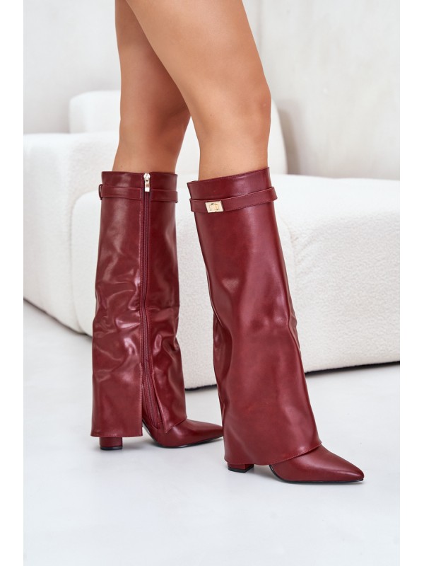 Women's Eco Leather Boots With Turned Shaft On Heel Burgundy Avamora