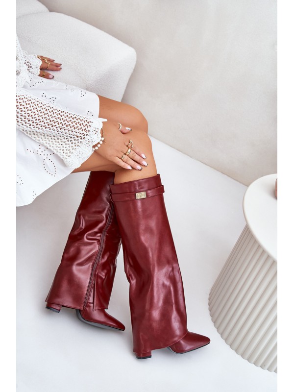 Women's Eco Leather Boots With Turned Shaft On Heel Burgundy Avamora