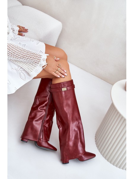 Women's Eco Leather Boots With Turned Shaft On Heel Burgundy Avamora