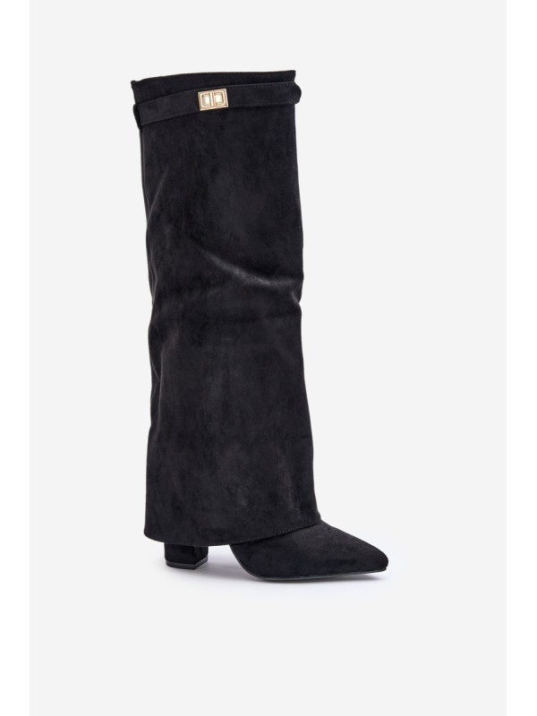 Women's Eco Suede Boots With Rolled Shaft On Heel Black Bralise