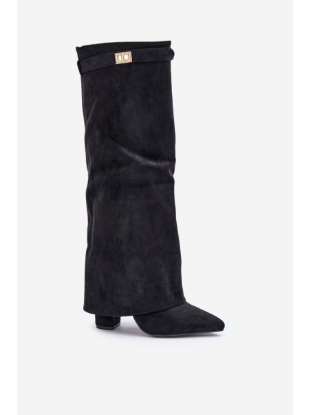 Women's Eco Suede Boots With Rolled Shaft On Heel Black Bralise