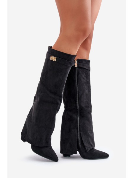 Women's Eco Suede Boots With Rolled Shaft On Heel Black Bralise
