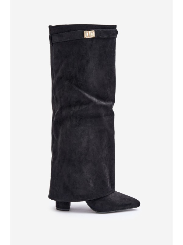 Women's Eco Suede Boots With Rolled Shaft On Heel Black Bralise