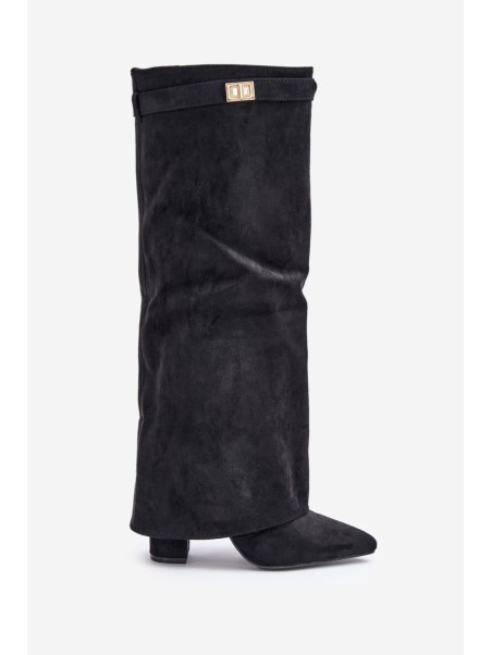 Women's Eco Suede Boots With Rolled Shaft On Heel Black Bralise