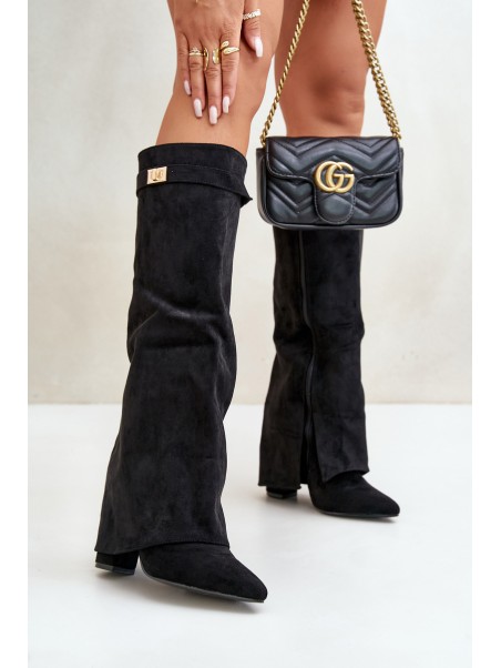 Women's Eco Suede Boots With Rolled Shaft On Heel Black Bralise