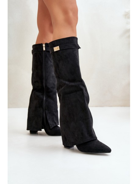 Women's Eco Suede Boots With Rolled Shaft On Heel Black Bralise