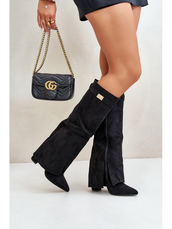Women's Eco Suede Boots With Rolled Shaft On Heel Black Bralise
