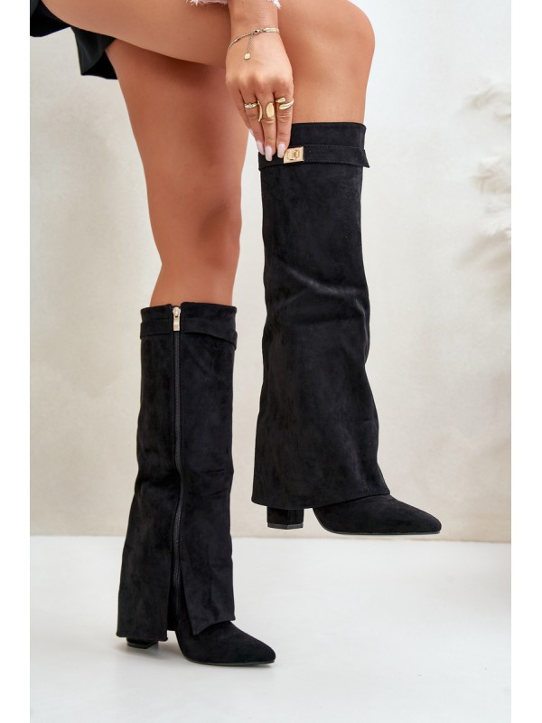Women's Eco Suede Boots With Rolled Shaft On Heel Black Bralise