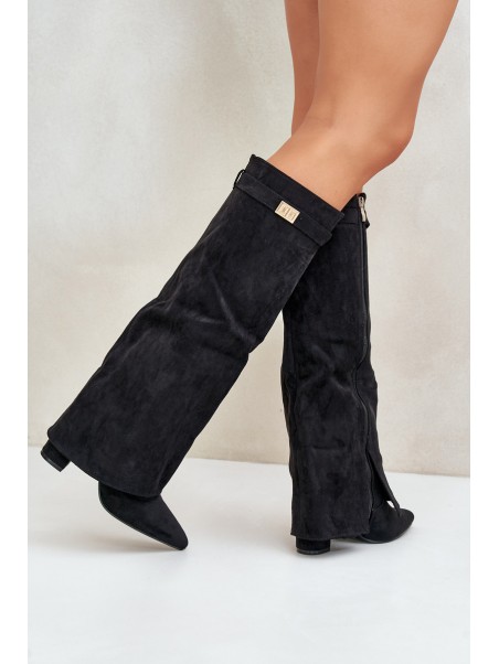 Women's Eco Suede Boots With Rolled Shaft On Heel Black Bralise