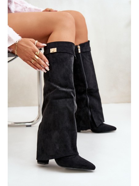 Women's Eco Suede Boots With Rolled Shaft On Heel Black Bralise