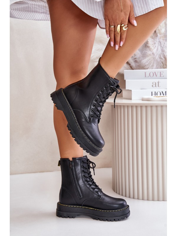 Warm Ankle Boots Workers Made of Eco Leather with Zipper Black Naleli