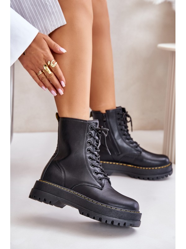 Warm Ankle Boots Workers Made of Eco Leather with Zipper Black Naleli