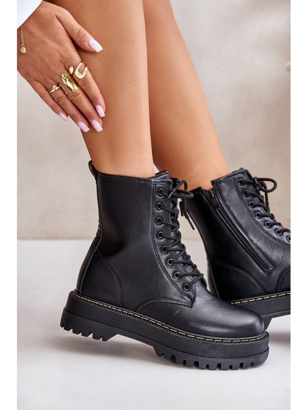 Warm Ankle Boots Workers Made of Eco Leather with Zipper Black Naleli