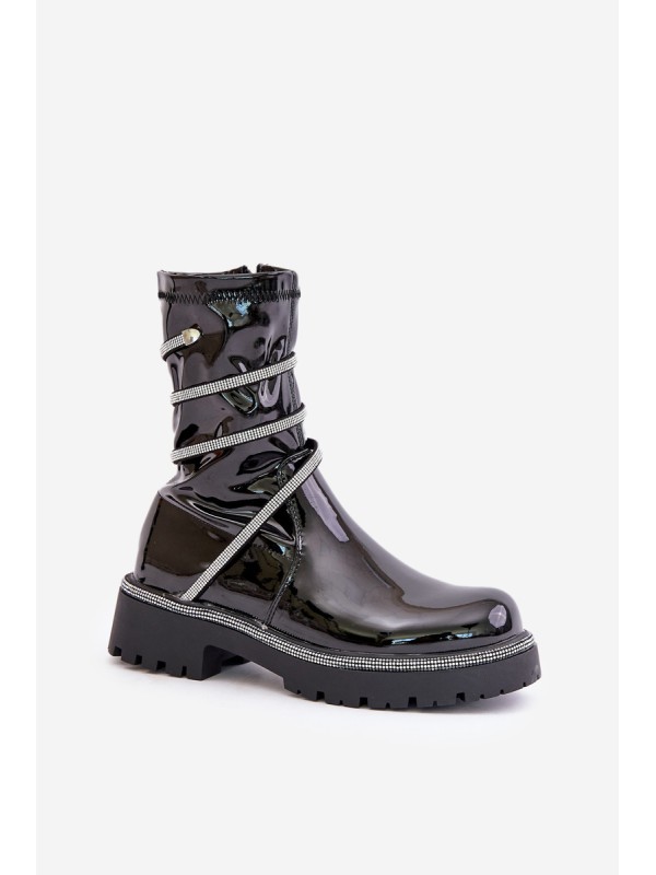 Lacquered Ankle Boots With Decoration Black Kikizelle