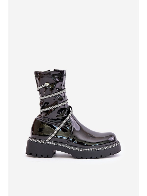 Lacquered Ankle Boots With Decoration Black Kikizelle