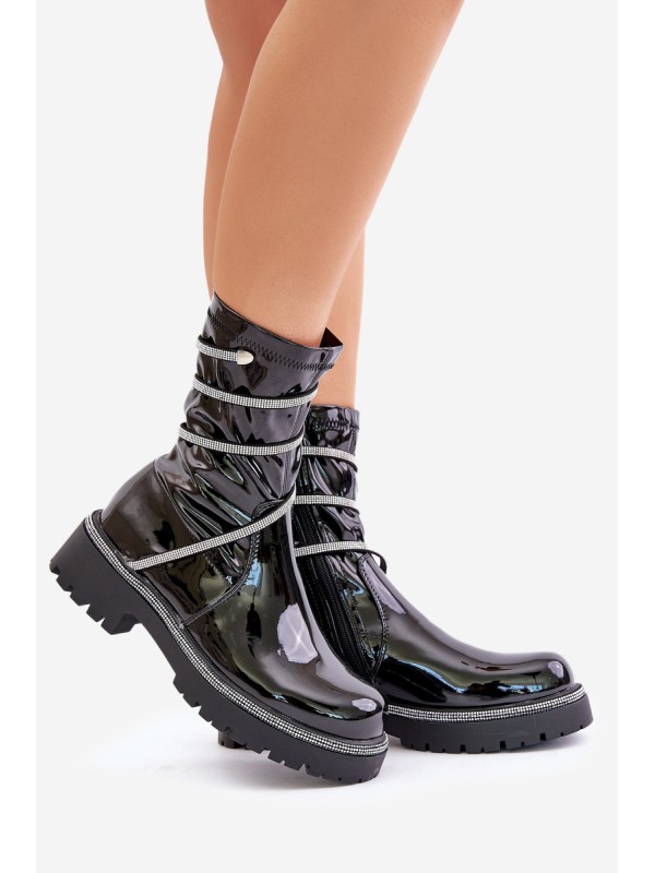 Lacquered Ankle Boots With Decoration Black Kikizelle