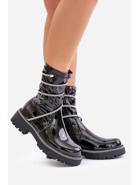 Lacquered Ankle Boots With Decoration Black Kikizelle