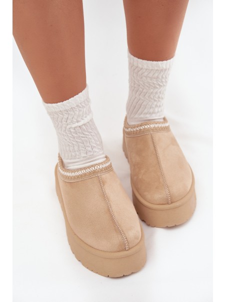 Low Women Snow Boots With Embroidery On Platform Light Beige Narirya