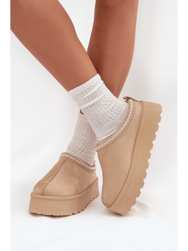 Low Women Snow Boots With Embroidery On Platform Light Beige Narirya