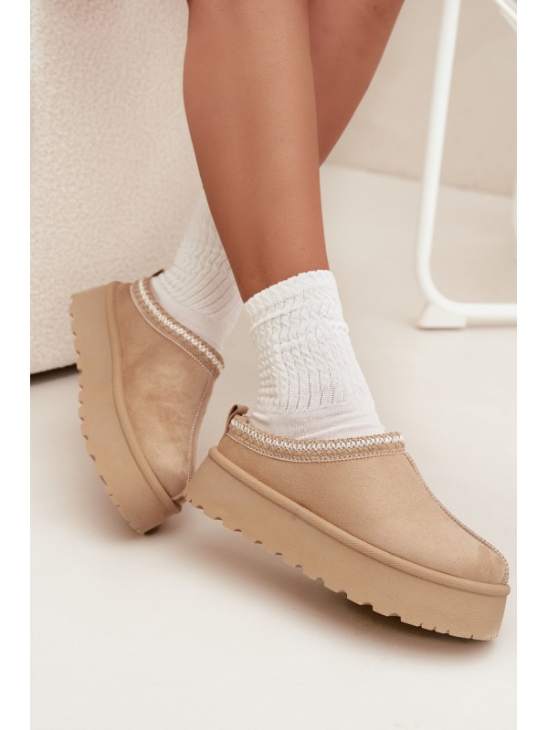 Low Women Snow Boots With Embroidery On Platform Light Beige Narirya
