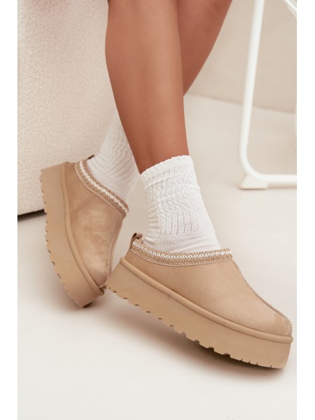 Low Women Snow Boots With Embroidery On Platform Light Beige Narirya
