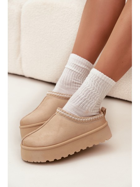 Low Women Snow Boots With Embroidery On Platform Light Beige Narirya