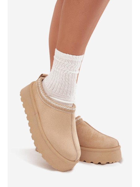 Low Women Snow Boots With Embroidery On Platform Light Beige Narirya