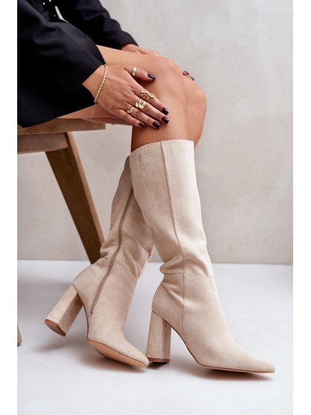 Knee High Heeled Boots Light Beige Lannetea