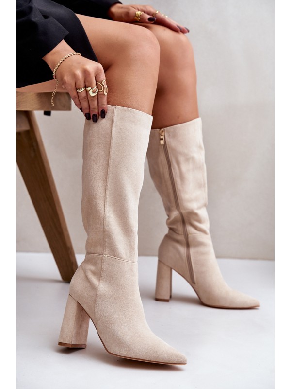 Knee High Heeled Boots Light Beige Lannetea